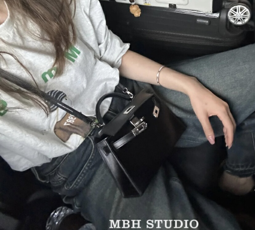 MBH气质百搭凯莉包高级感黑色box牛皮斜挎包配肩带