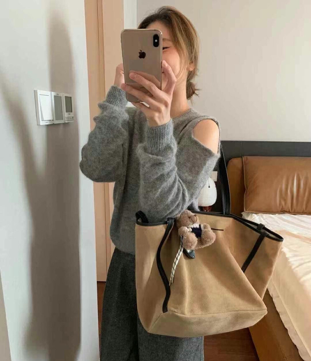 小众高级感柔软麂皮头层牛皮大容量慵懒购物袋单肩包配收纳包